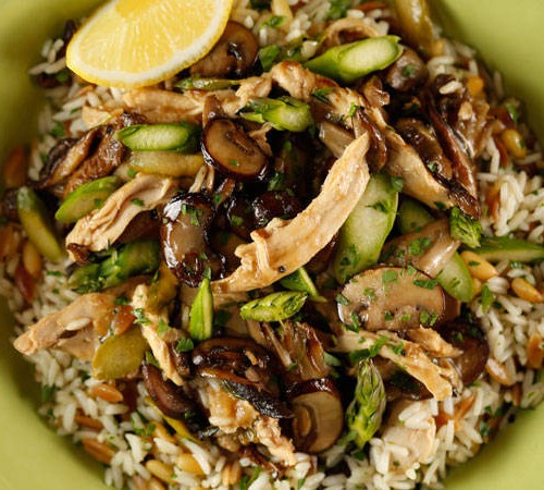 Mushroom, Asparagus, Chicken Sauté with Rice Pilaf